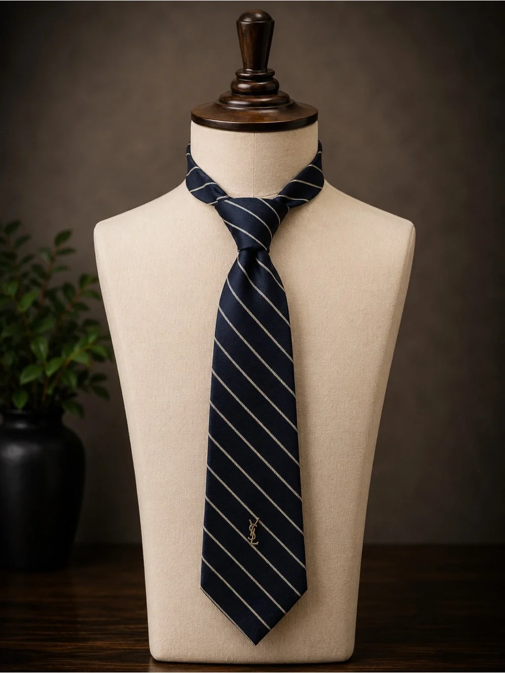 Yves Saint Laurent Navy Diagonal Stripe Silk Tie with YSL Logo